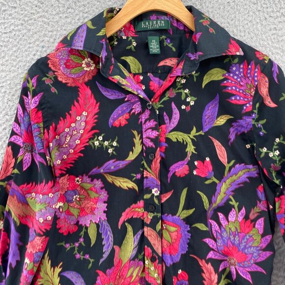 Lauren Ralph Lauren Top Womens Small Petite Black Multi Floral Button Up Collar - Picture 2 of 10
